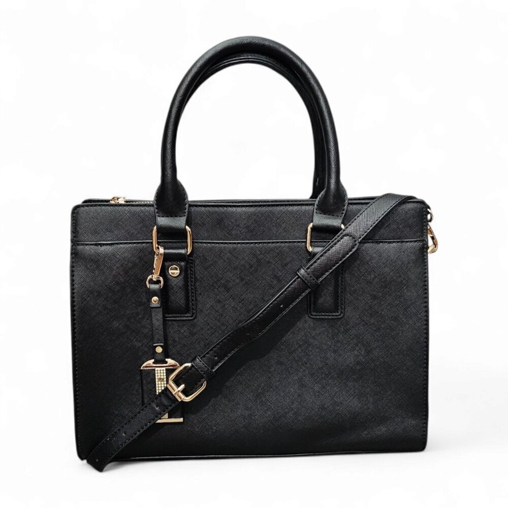 Miztique Cross Grain Vegan Leather Black And Gold Shoulder Bag